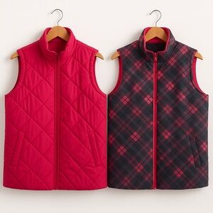 SJB Active Reversible Quilted Puffer Vest Size 1X Hot Pink & Navy Plaid Zip-Up